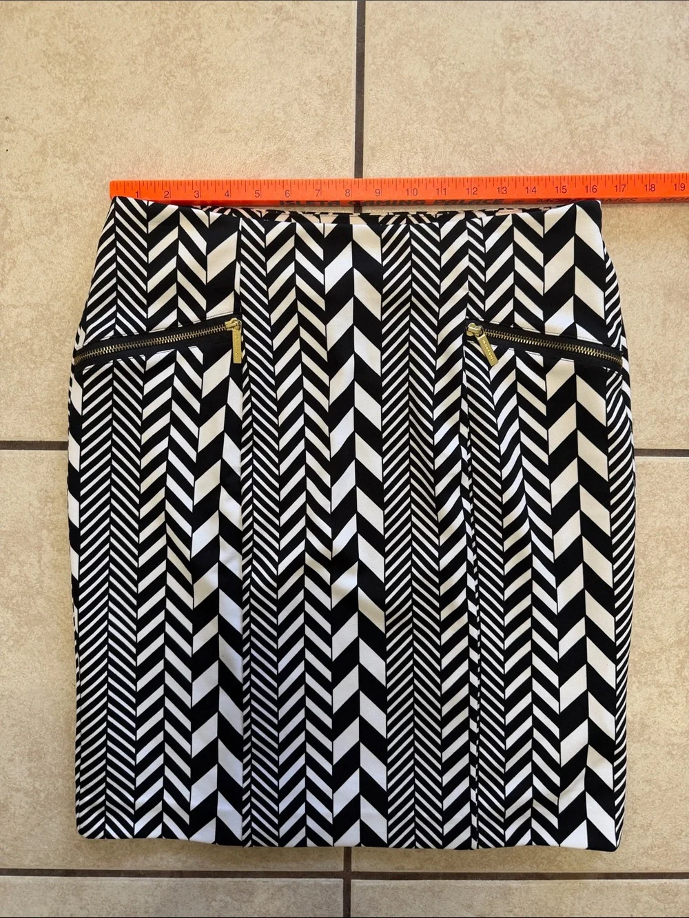 Michael Kors Black & White Chevron Pencil Skirt with Gold Zippers